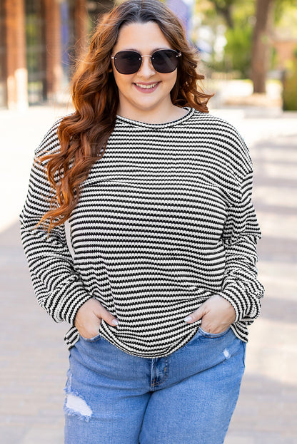Black Stripe Drop Shoulder Puff Long Sleeve O Neck Plus Size T Shirt - Cowaa