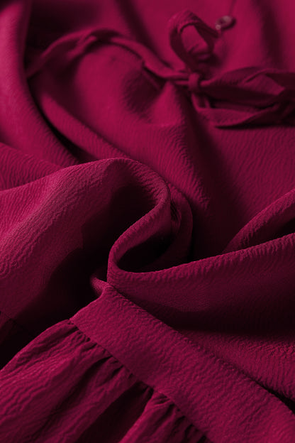 Burgundy Solid Long Sleeve Button V Neck Tiered Maxi Dress