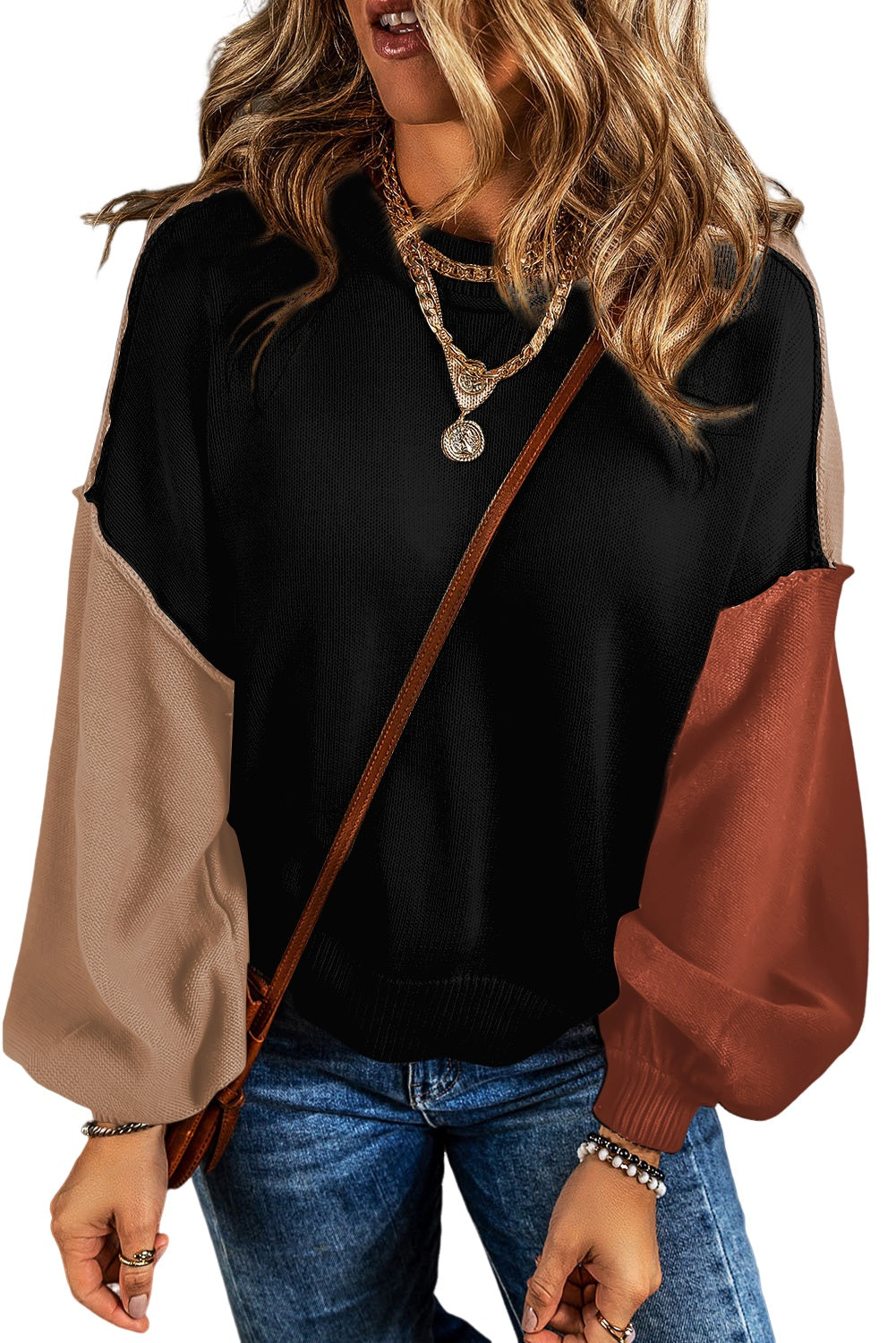 Bishop Sleeve Exposed Seam Ribbed Trim Sweater - Cowaa