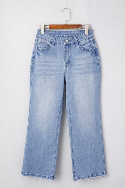 Sail Blue Mineral Wash Raw Hem High Waist Flared Jeans - Cowaa