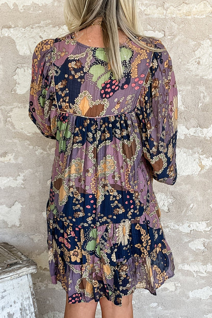 Purple Boho Floral Print Puff Sleeve Flowy Mini Dress - Cowaa