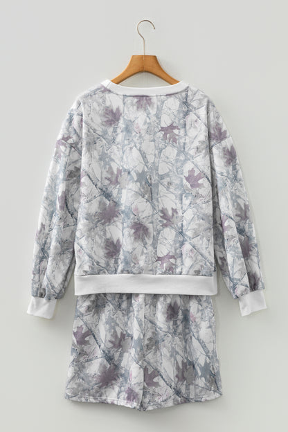 Light Grey Abstract Woodland Camo Print Baggy Pullover Drawstring Shorts Set