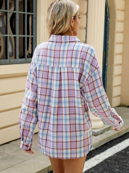 Plaid Collared Neck Long Sleeve Shirt - Cowaa