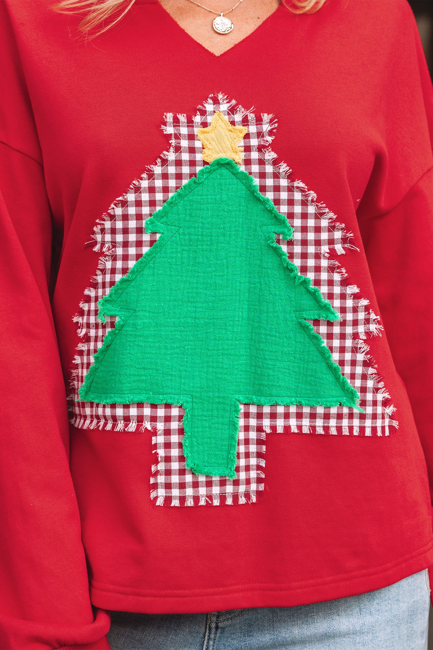 Fiery Red Plaid Frayed Double Christmas Tree Patched Drop Shoulder Sweatshirt - Cowaa