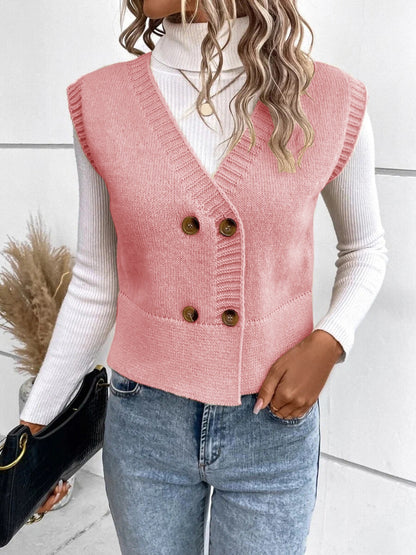 Full Size Button Up V-Neck Sweater Vest - Cowaa