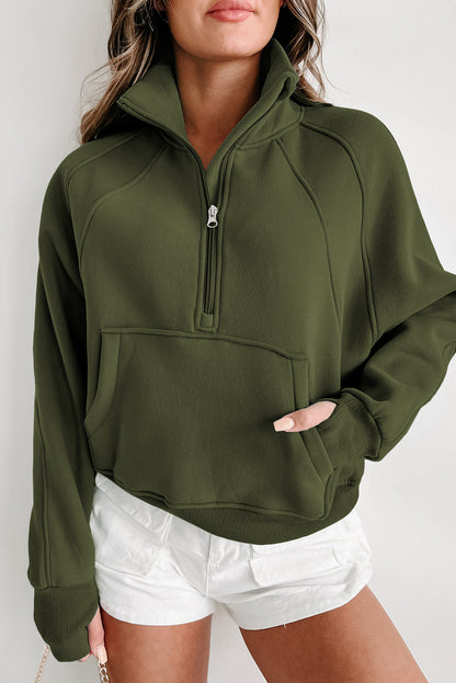 Brown Zip Up Stand Collar Thumbhole Sleeve Sweatshirt - Cowaa