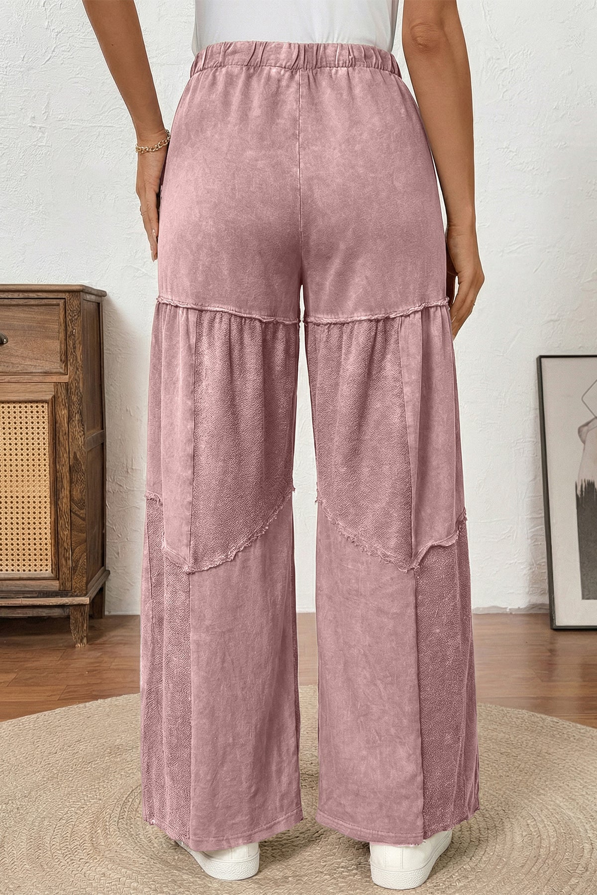 Straw Yellow Mineral Wash Tiered Wide Leg Patchwork Drawstring Pants - Cowaa