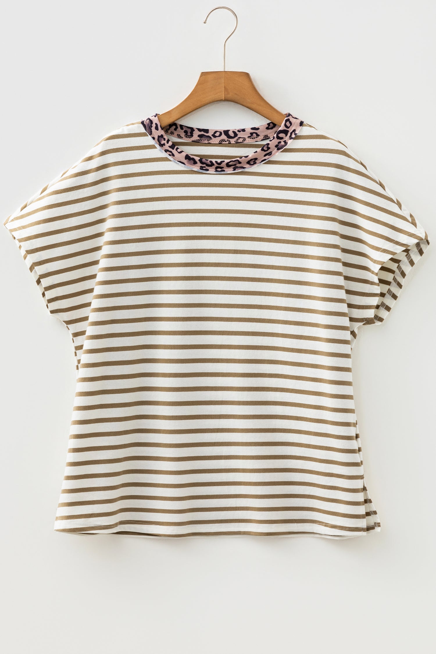 Khaki Stripe Leopard Patchwork Round Neck Loose T Shirt - Cowaa