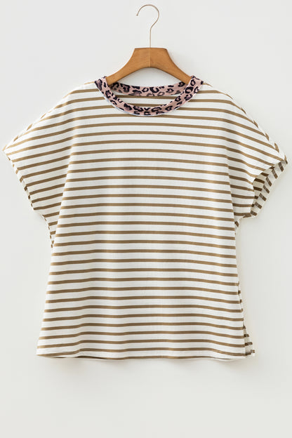 Khaki Stripe Leopard Patchwork Round Neck Loose T Shirt - Cowaa