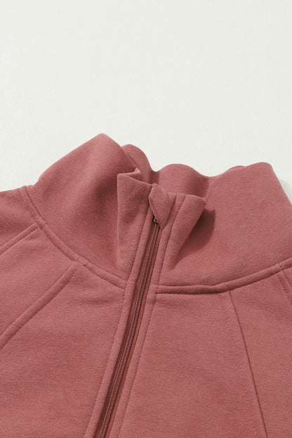 Brown Zip Up Stand Collar Thumbhole Sleeve Sweatshirt - Cowaa