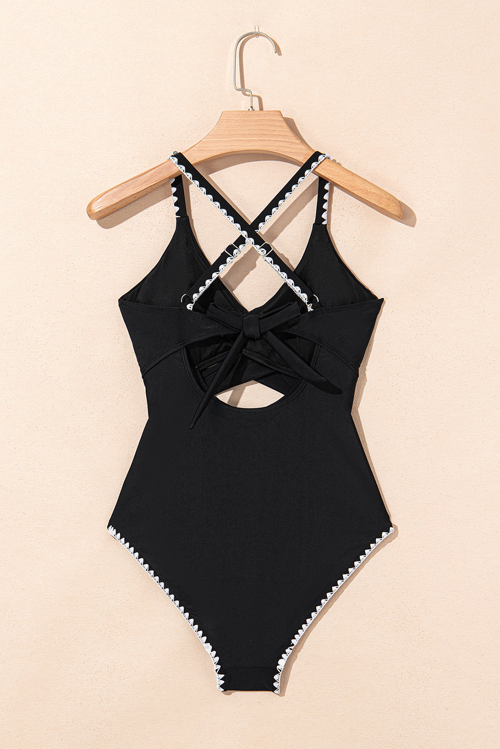 Black Ric Rac Trim Contrasted Patchwork Cutout One Piece Swimsuit - Cowaa