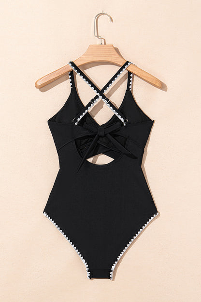 Black Ric Rac Trim Contrasted Patchwork Cutout One Piece Swimsuit - Cowaa