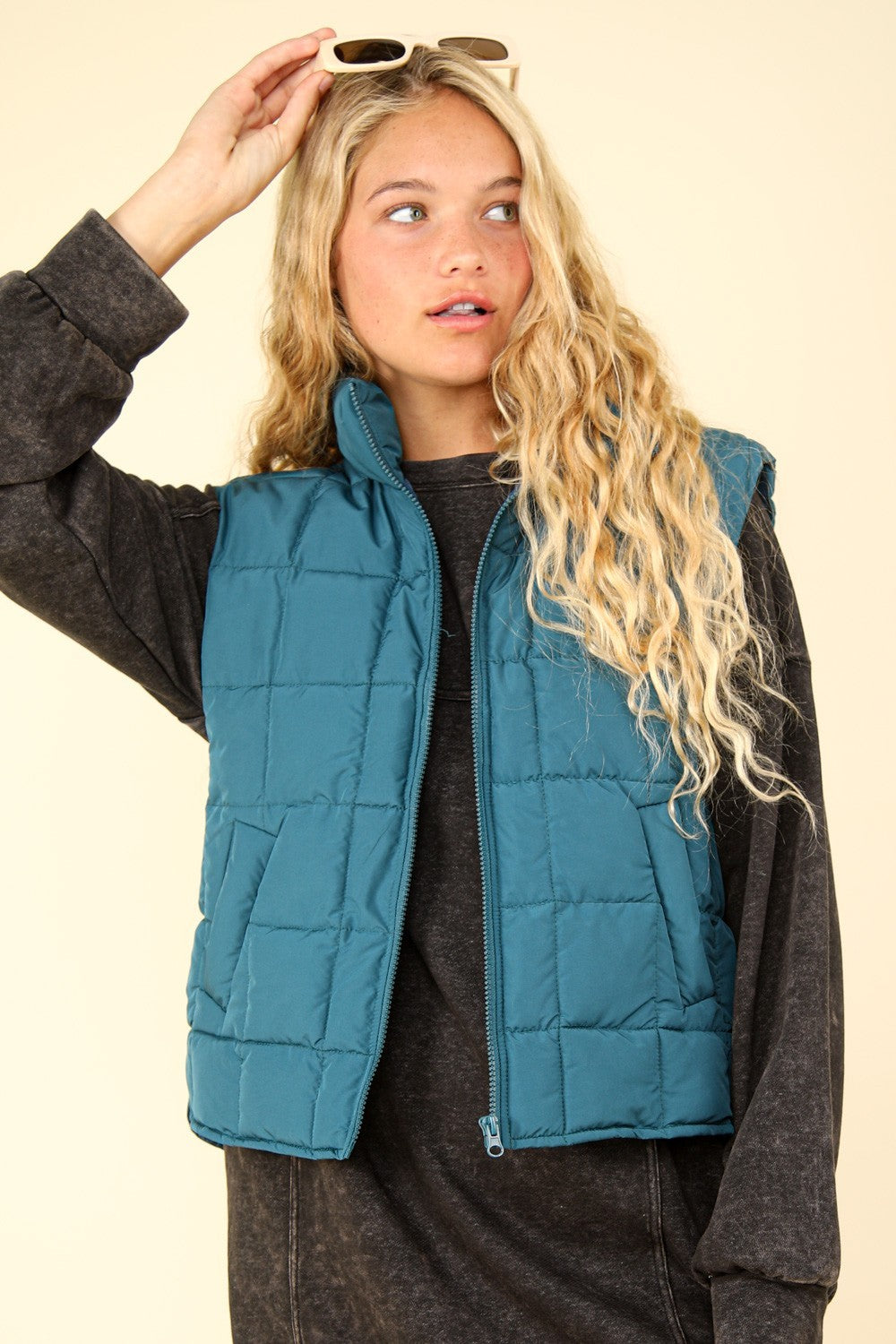 Sea Foam Zip Up Puffer Padded Vest - Cowaa