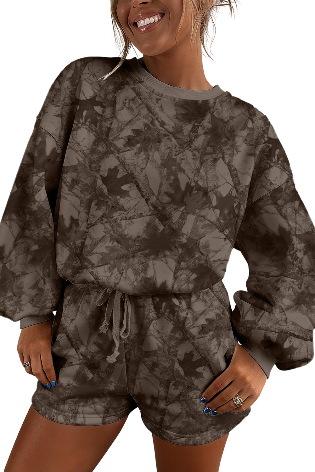 Brown Camouflage Print Round Neck Drop Sleeve Shorts Set - Cowaa