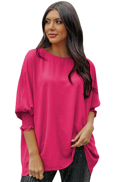 Apricot Solid Casual Smocked Cuffs Batwing Sleeve Blouse - Cowaa