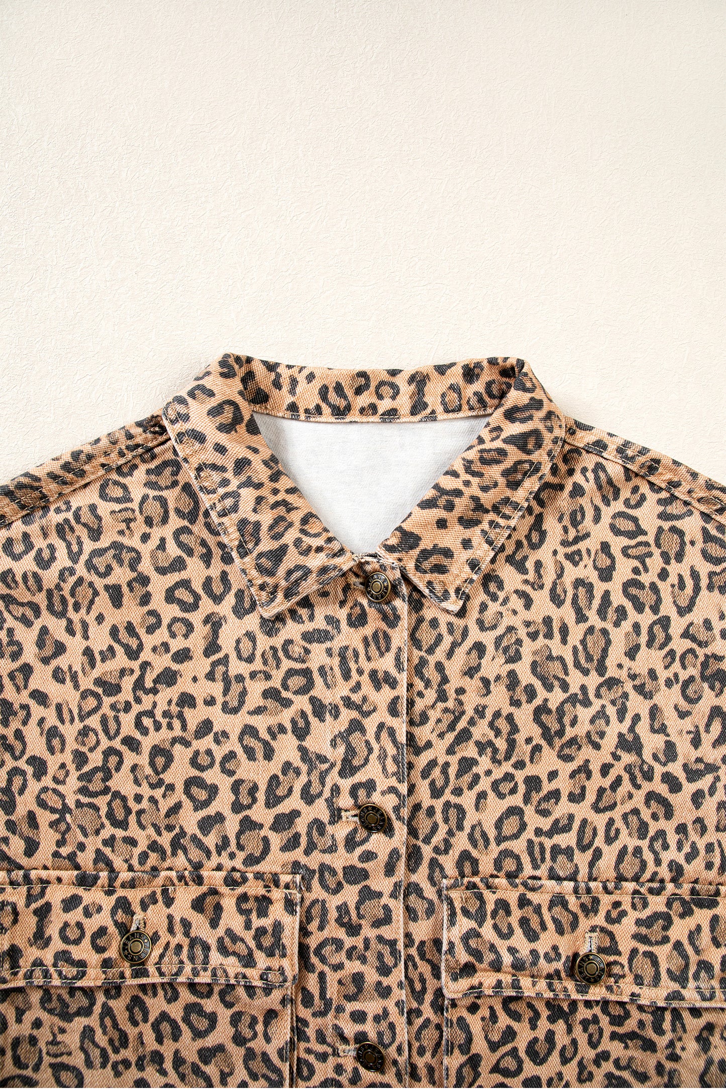 Khaki Leopard Print Collar Long Sleeve Patch Pocket Shift Denim Jacket