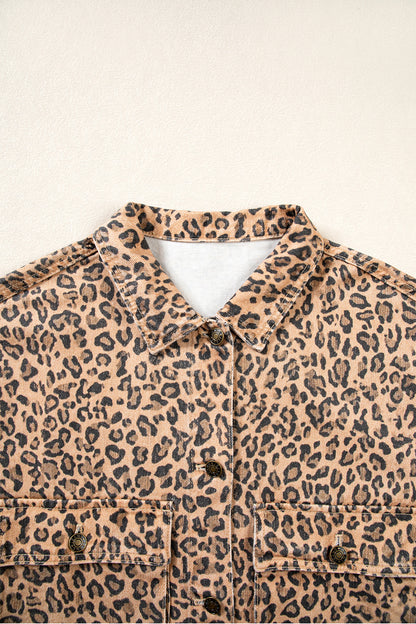 Khaki Leopard Print Collar Long Sleeve Patch Pocket Shift Denim Jacket