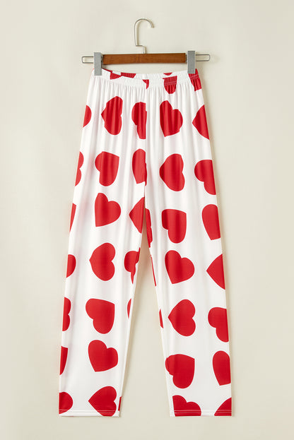 Pink Heart Print Ruffle Sleeveless Top and Pants Pajama Set