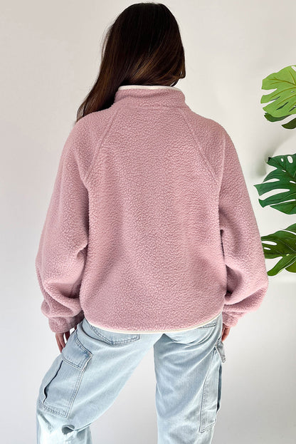 Fushia High Collar Long Sleeve Pullover Sweatshirt - Cowaa