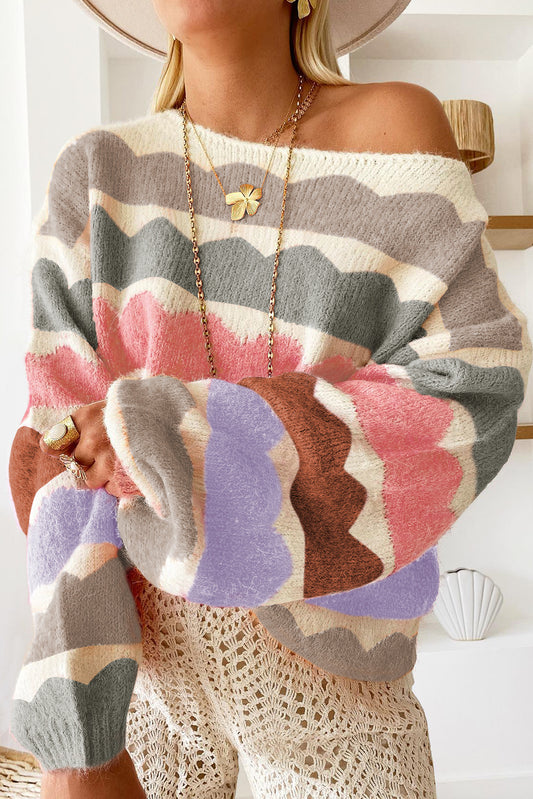 Dark Blue Wave Striped Balloon Sleeve Drop Shoulder Sweater - Cowaa