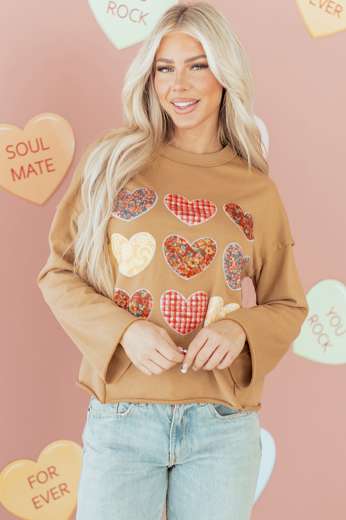 Straw Yellow Plaid Floral Heart Stitched Exposed Seam Mineral Wash Sweatshirt