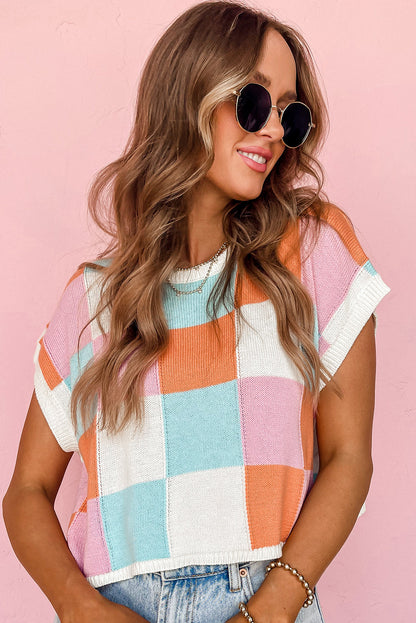Fiery Red Checkered Color Block Cap Sleeve Knitted Top - Cowaa