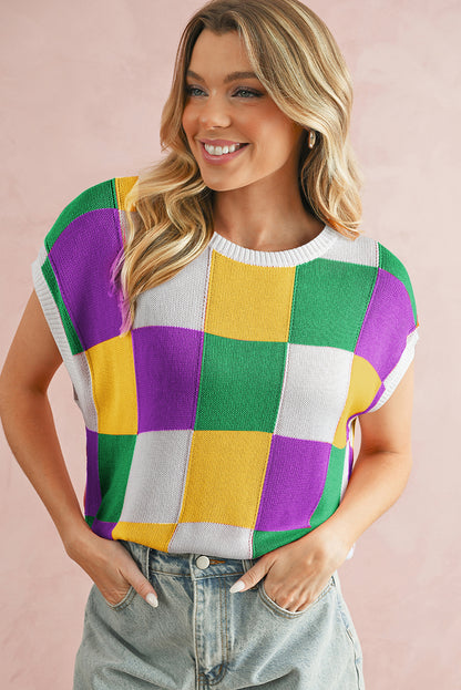 Fiery Red Checkered Color Block Cap Sleeve Knitted Top - Cowaa