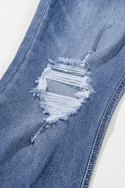 Dusk Blue High Rise Ripped Distressed Hem Flared Jeans - Cowaa