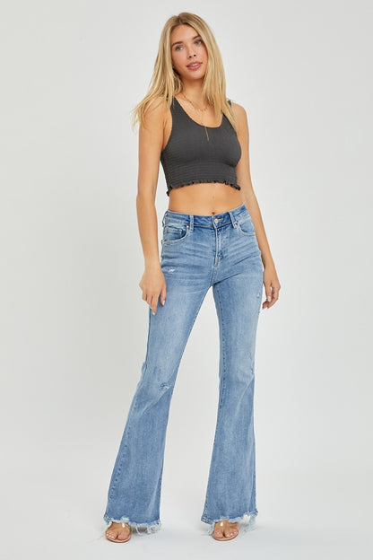 Risen Full Size High Rise Frayed Hem Flare Jeans - Cowaa