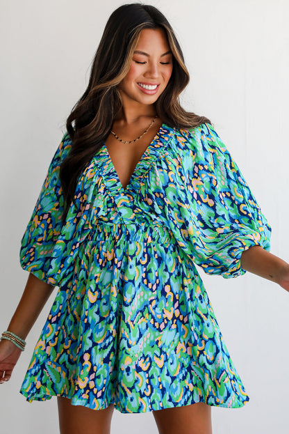 Abstract Print Dolman Sleeve V Neck High Waist Romper