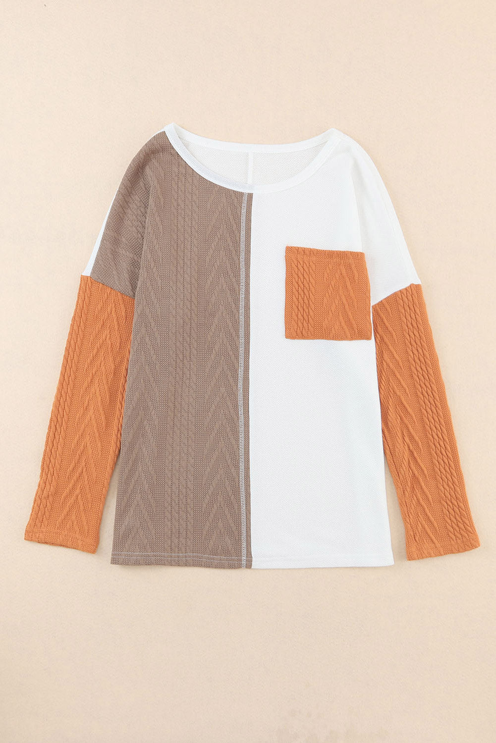 Long Sleeve Colorblock Chest Pocket Textured Knit Top - Cowaa