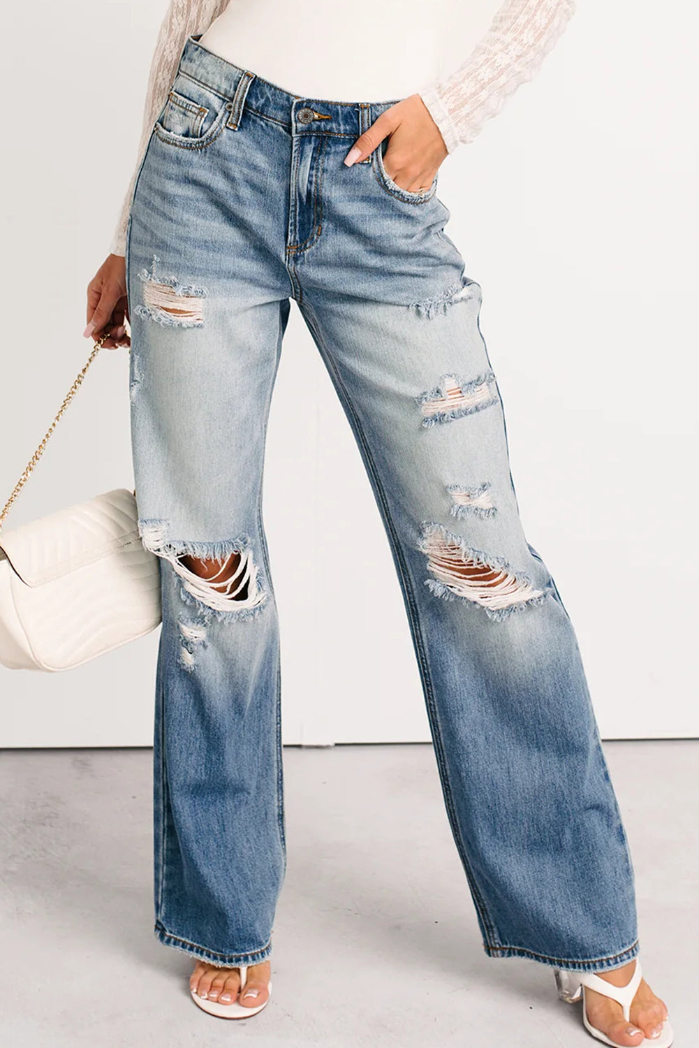 Myosotis Mid Rise Distressed Straight Leg Jeans