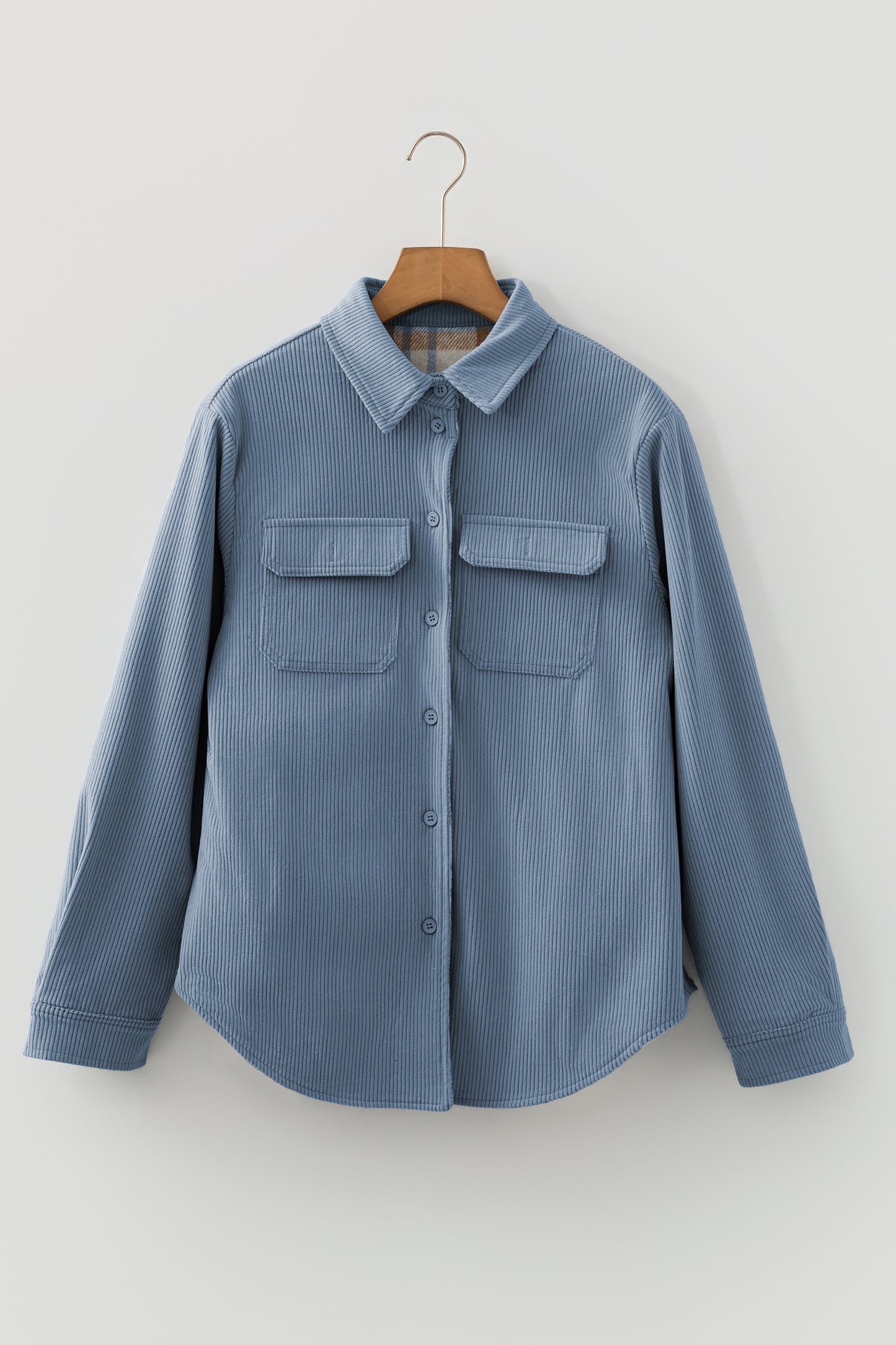 Stone Blue Plaid Corduroy Reversible Button Up Shacket