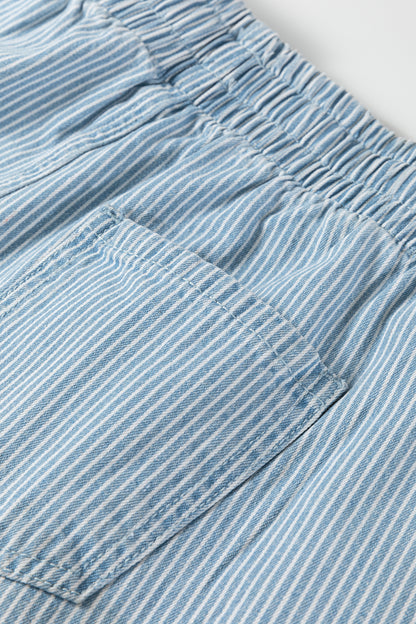 Sky Blue Stripe Drawstring Elastic Waist Casual Denim Shorts - Cowaa