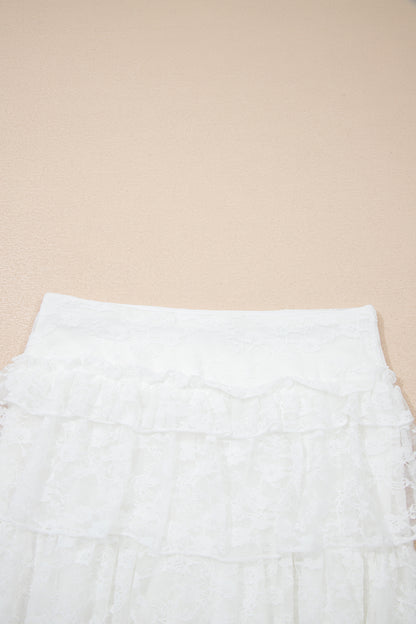 White Sheer Lace Frilly Ruffles High Low Long Skirt - Cowaa