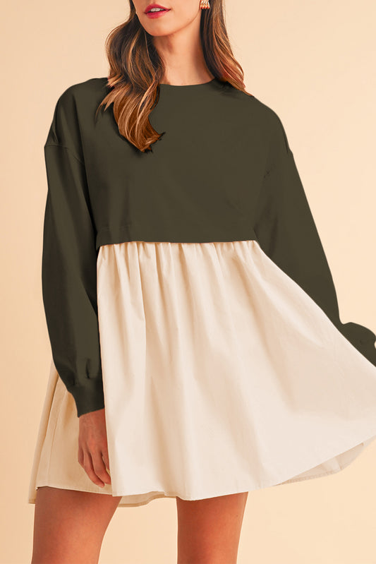 Khaki Sweatshirt 2-in-1 Flowy Pleated Mini Dress - Cowaa