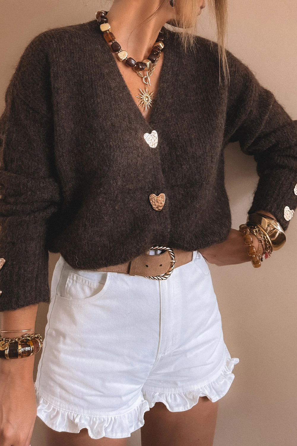 Heart Metal Button V Neck Cardigan Sweater - Cowaa