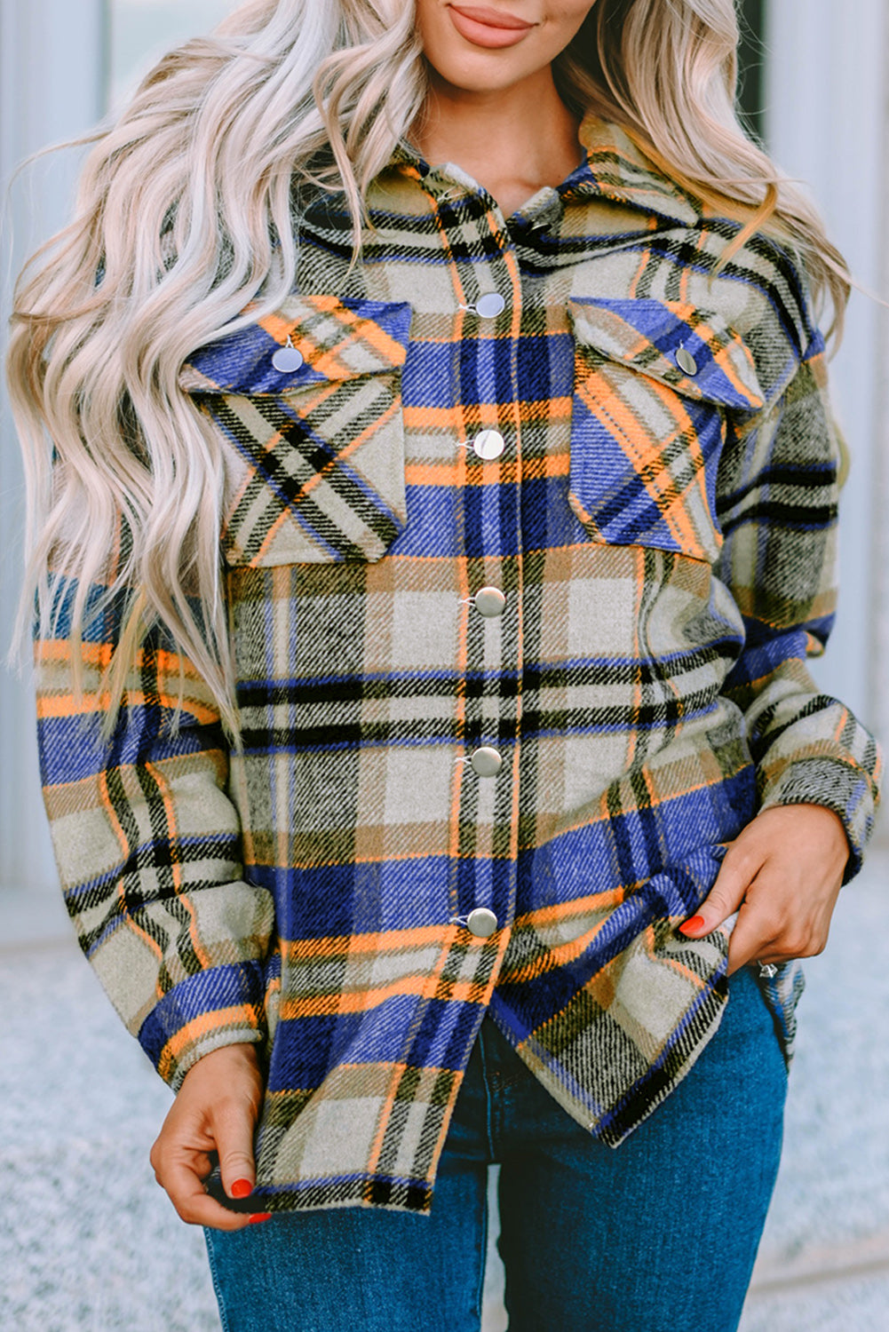 Plaid Button Front Pocket Shirt Shacket - Cowaa