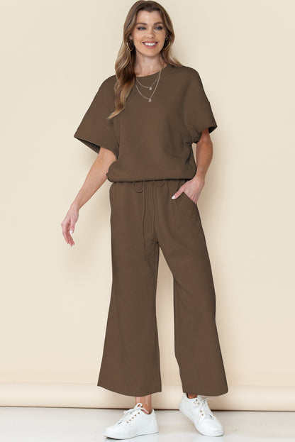 Navy Blue Textured Loose Fit T Shirt and Drawstring Pants Set - Cowaa