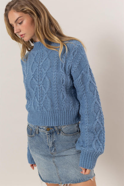 Blue Cable-Knit Mock Neck Dropped Shoulder Sweater