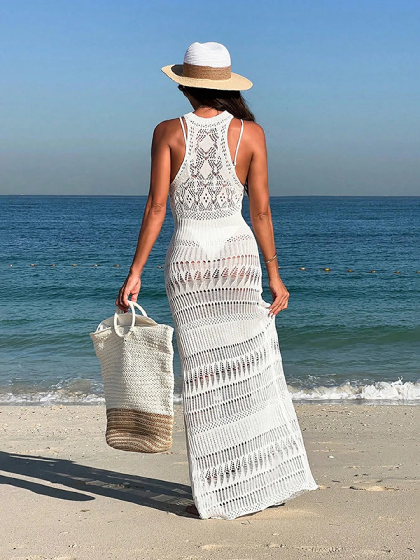 Crochet Sleeveless Split Cover-Up Maxi Dress.