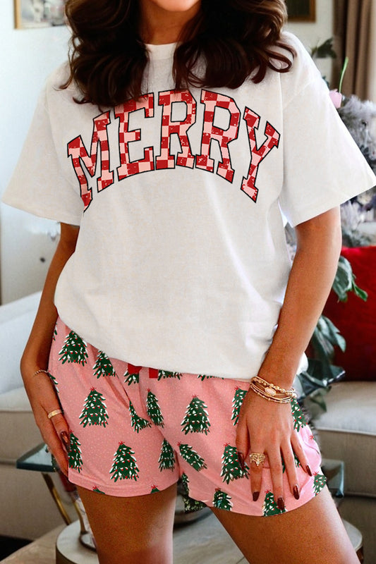 Pink Checkered MERRY Graphic Christmas Tree Print Short Lounge Set - Cowaa