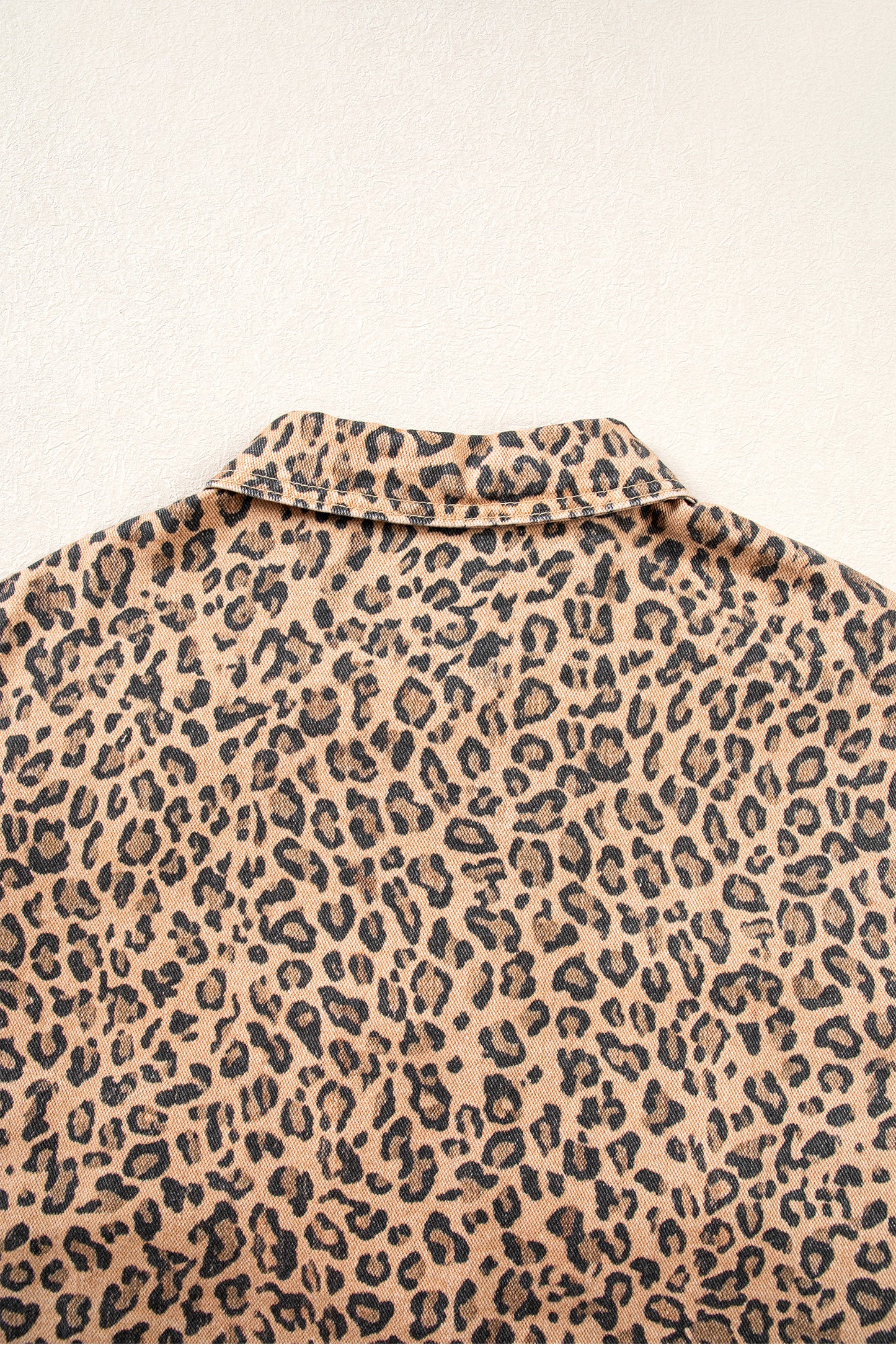 Khaki Leopard Print Collar Long Sleeve Patch Pocket Shift Denim Jacket