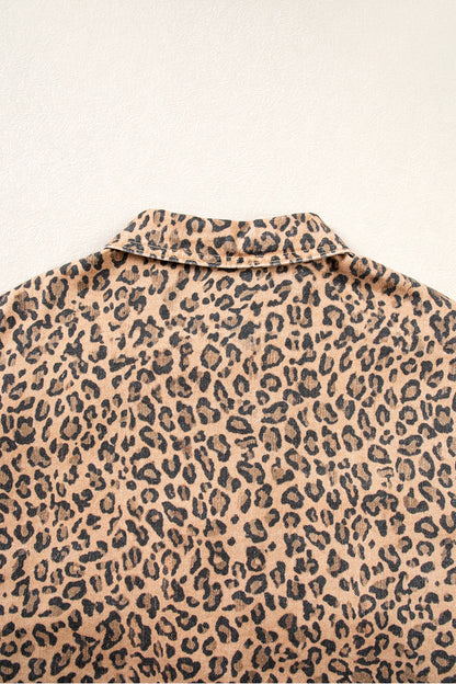 Khaki Leopard Print Collar Long Sleeve Patch Pocket Shift Denim Jacket