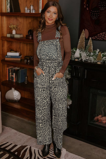 Brown Leopard Print Straight Leg Loose Denim Overall Jumpsuit