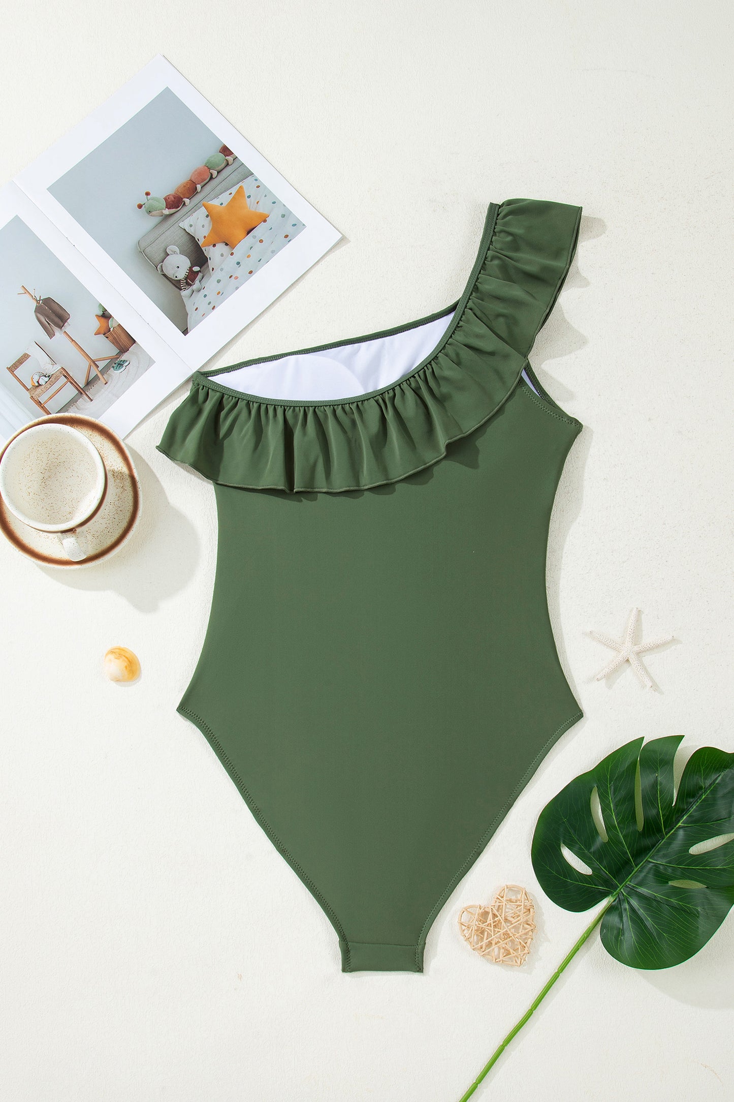 Red Dahlia Solid Color Ruffle Trim Asymmetric Neck One Piece Swimsuit