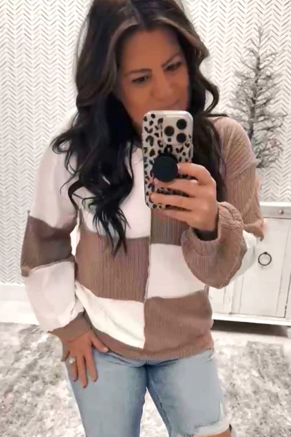 Dark Khaki Colorblock Checkered Raw Seamed Pullover - Cowaa