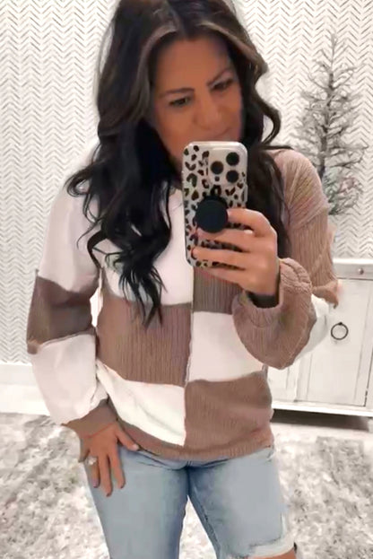 Dark Khaki Colorblock Checkered Raw Seamed Pullover - Cowaa