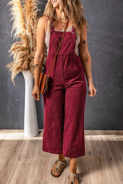 Brown Solid Color Corduroy Wide Leg Bib Overalls