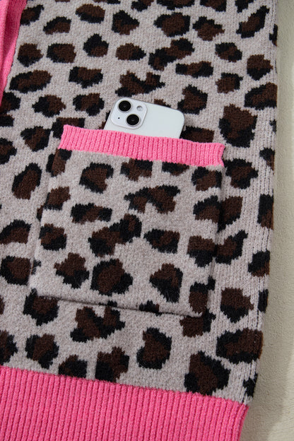 Khaki Oversize Color Block Trim Button Down Leopard Print Cardigan - Cowaa